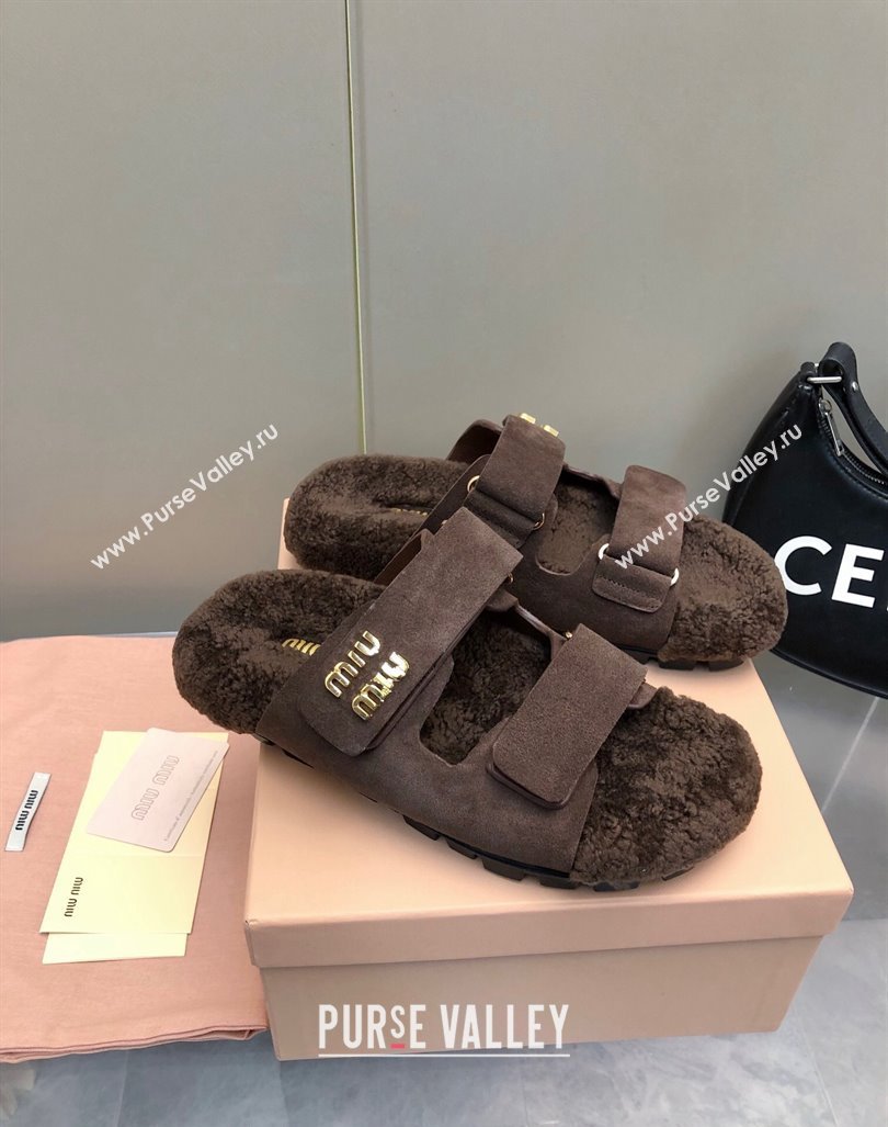 Miu Miu Suede and Wool Fur Flat Slides Sandal Dark Brown 2024 MM101403 (nono-241014020)