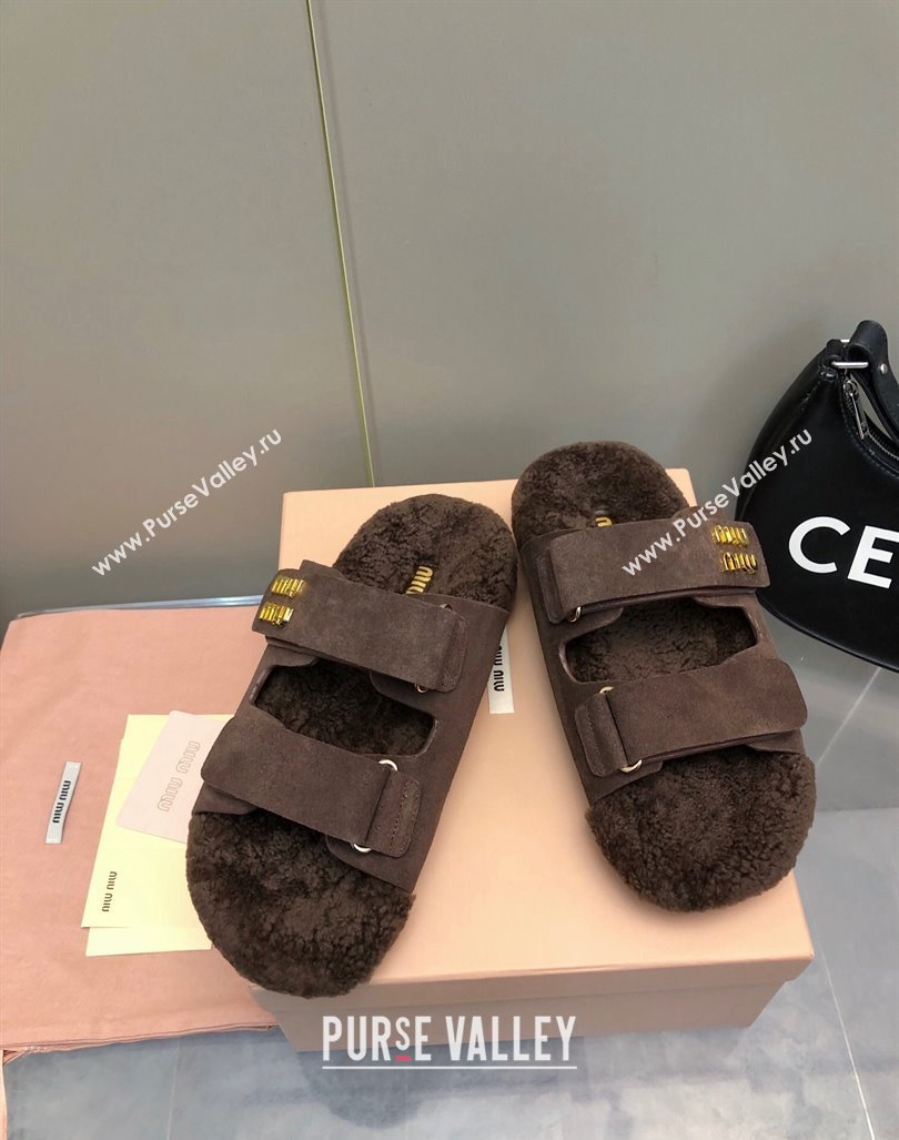 Miu Miu Suede and Wool Fur Flat Slides Sandal Dark Brown 2024 MM101403 (nono-241014020)