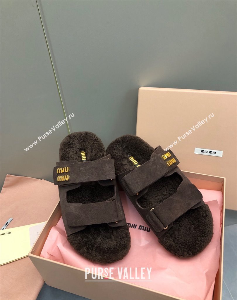 Miu Miu Suede and Wool Fur Flat Slides Sandal Dark Brown 2024 MM101403 (nono-241014020)