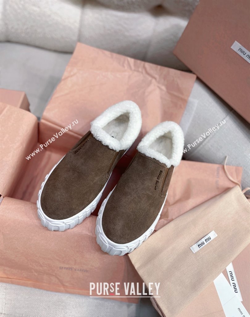 Miu Miu Suede Loafers in Suede and Wool Fur Brown 2024 MM101402 (KL-241014015)