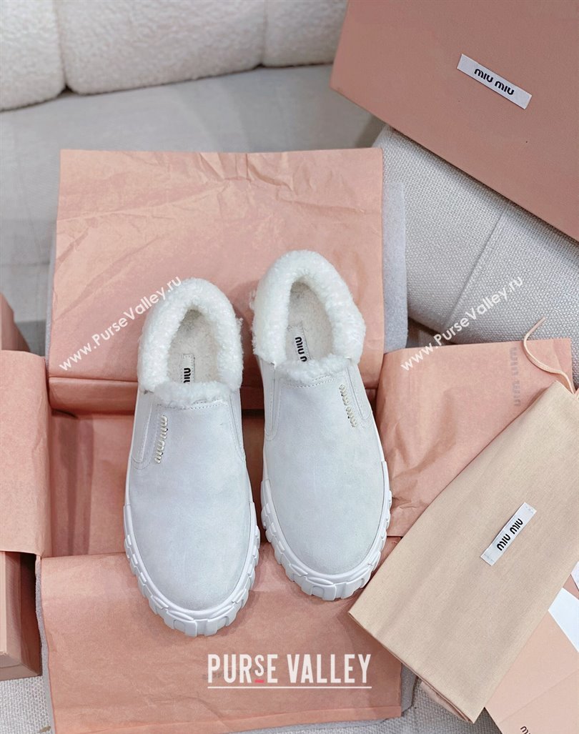 Miu Miu Suede Loafers in Suede and Wool Fur Light Grey 2024 MM101402 (KL-241014016)