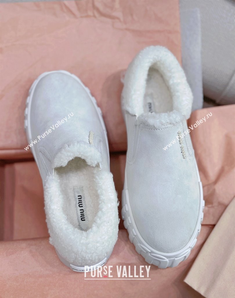 Miu Miu Suede Loafers in Suede and Wool Fur Light Grey 2024 MM101402 (KL-241014016)