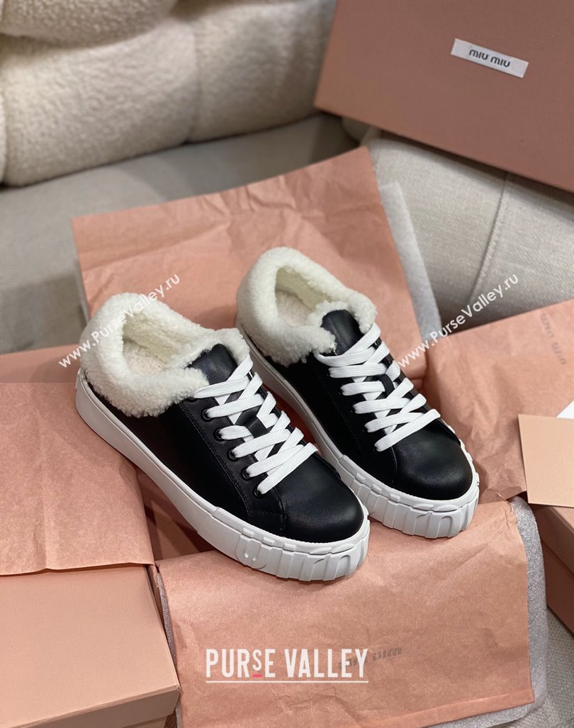 Miu Miu Low Sneakers in Black Nappa Leather and Wool Fur 2024 (KL-241014017)