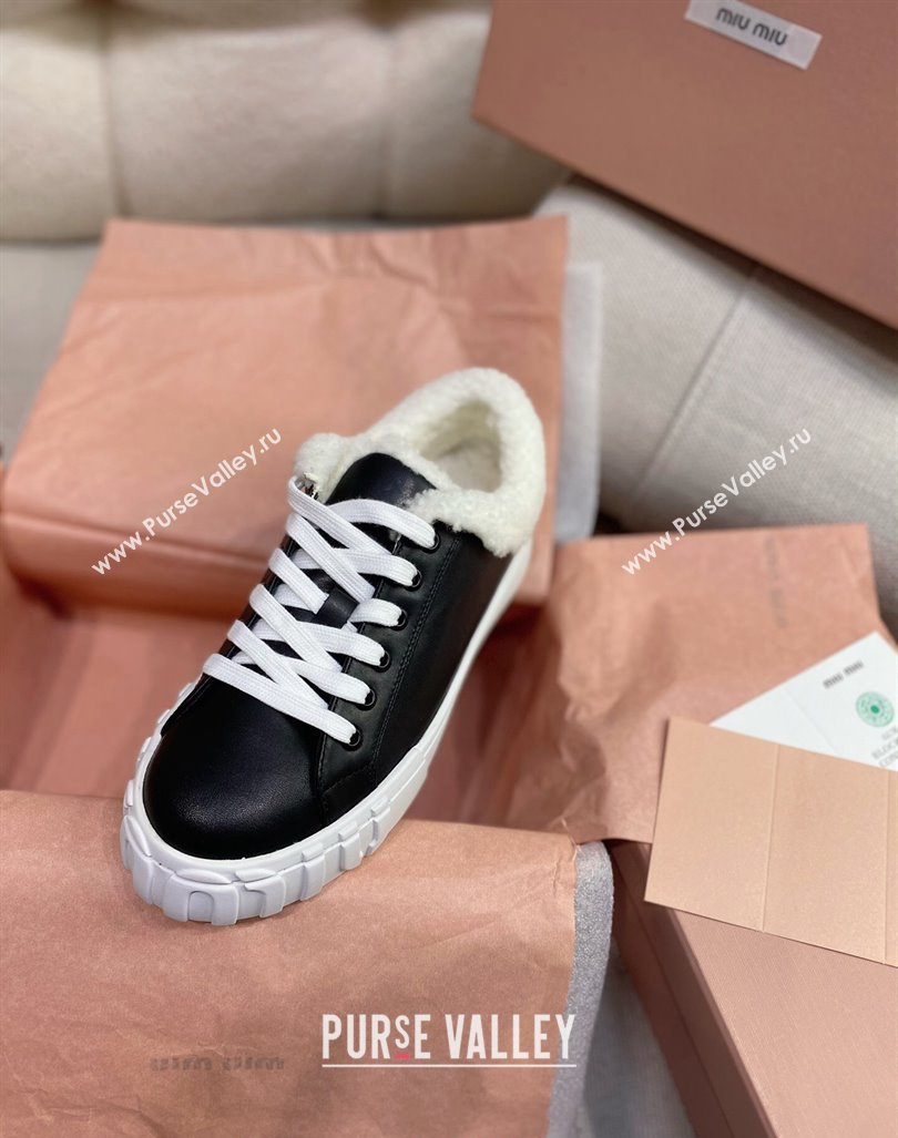 Miu Miu Low Sneakers in Black Nappa Leather and Wool Fur 2024 (KL-241014017)