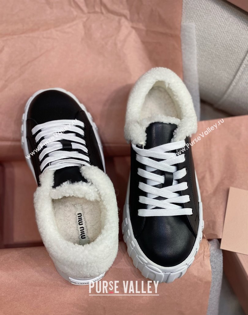 Miu Miu Low Sneakers in Black Nappa Leather and Wool Fur 2024 (KL-241014017)