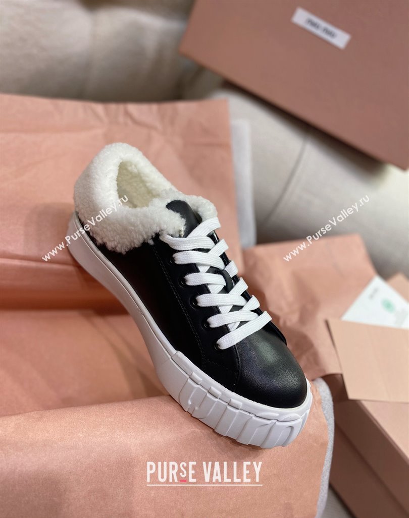 Miu Miu Low Sneakers in Black Nappa Leather and Wool Fur 2024 (KL-241014017)