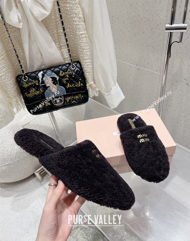 Miu Miu Shearling Fur Flat Mules Black 2024 MM101203 (MD-241012071)