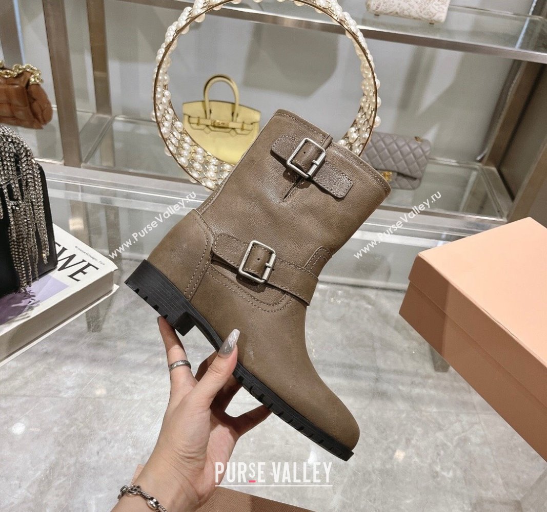 Miu Miu Aged Leather Flat Ankle Boots with Double Buckle Grey 2024 MM101201 (MD-241012038)