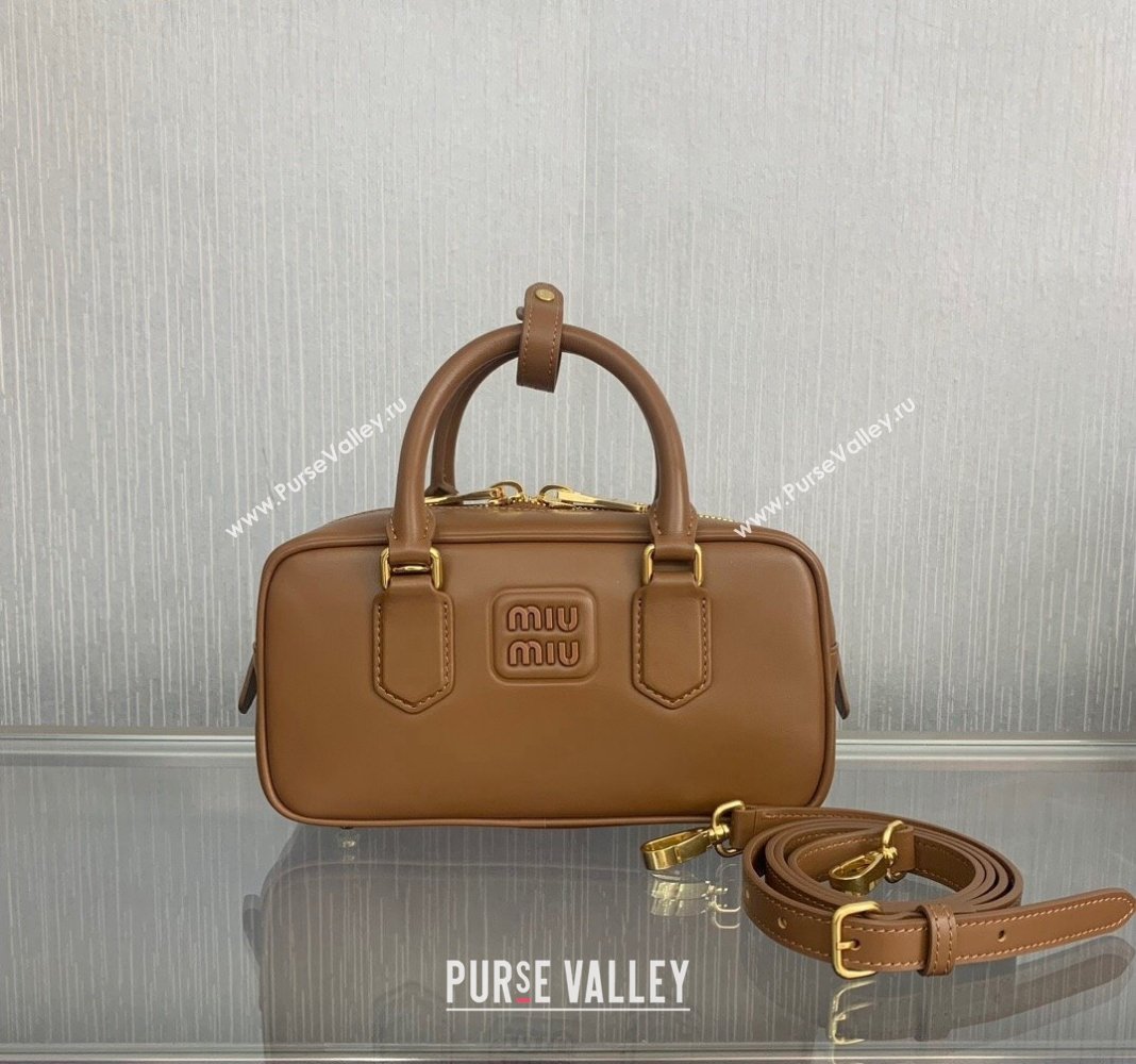 Miu Miu Arcadie Calf Leather top handle bag with Tone-to-Tone Logo Brown2 2024 5BB142 (LN-24103101)