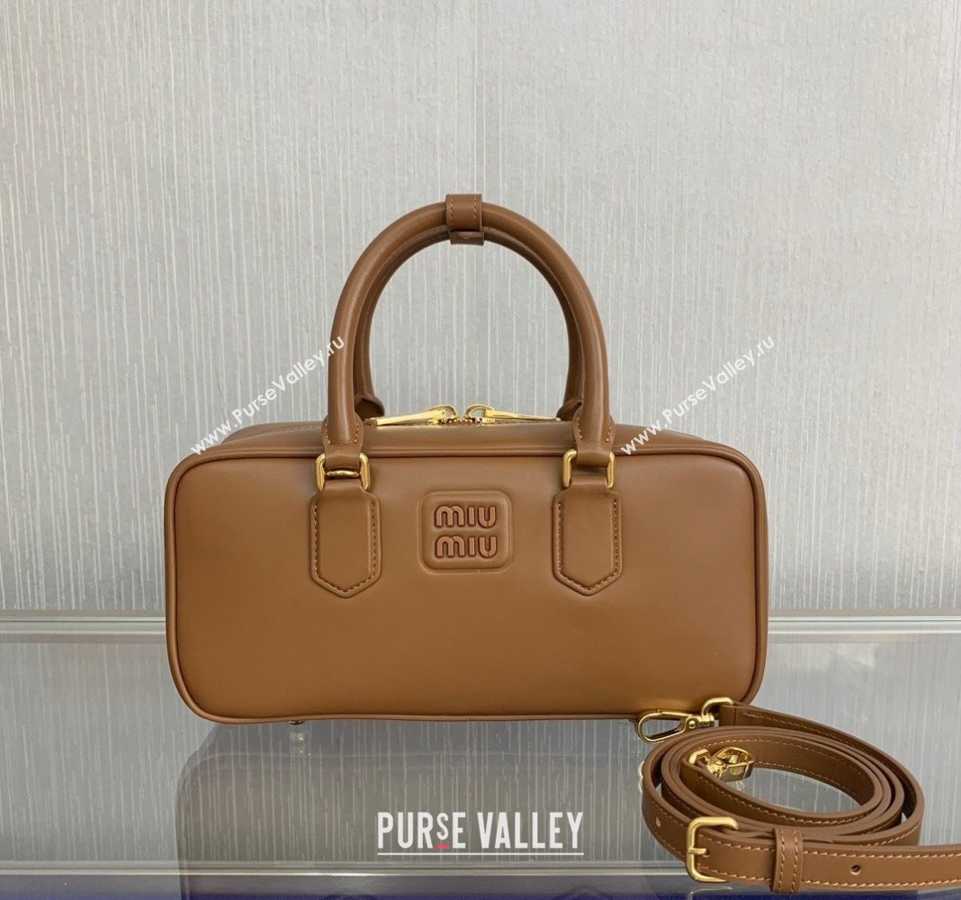 Miu Miu Arcadie Calf Leather top handle bag with Tone-To-Tone Logo Light Brown 2024 5BB148 (LN-24103018)