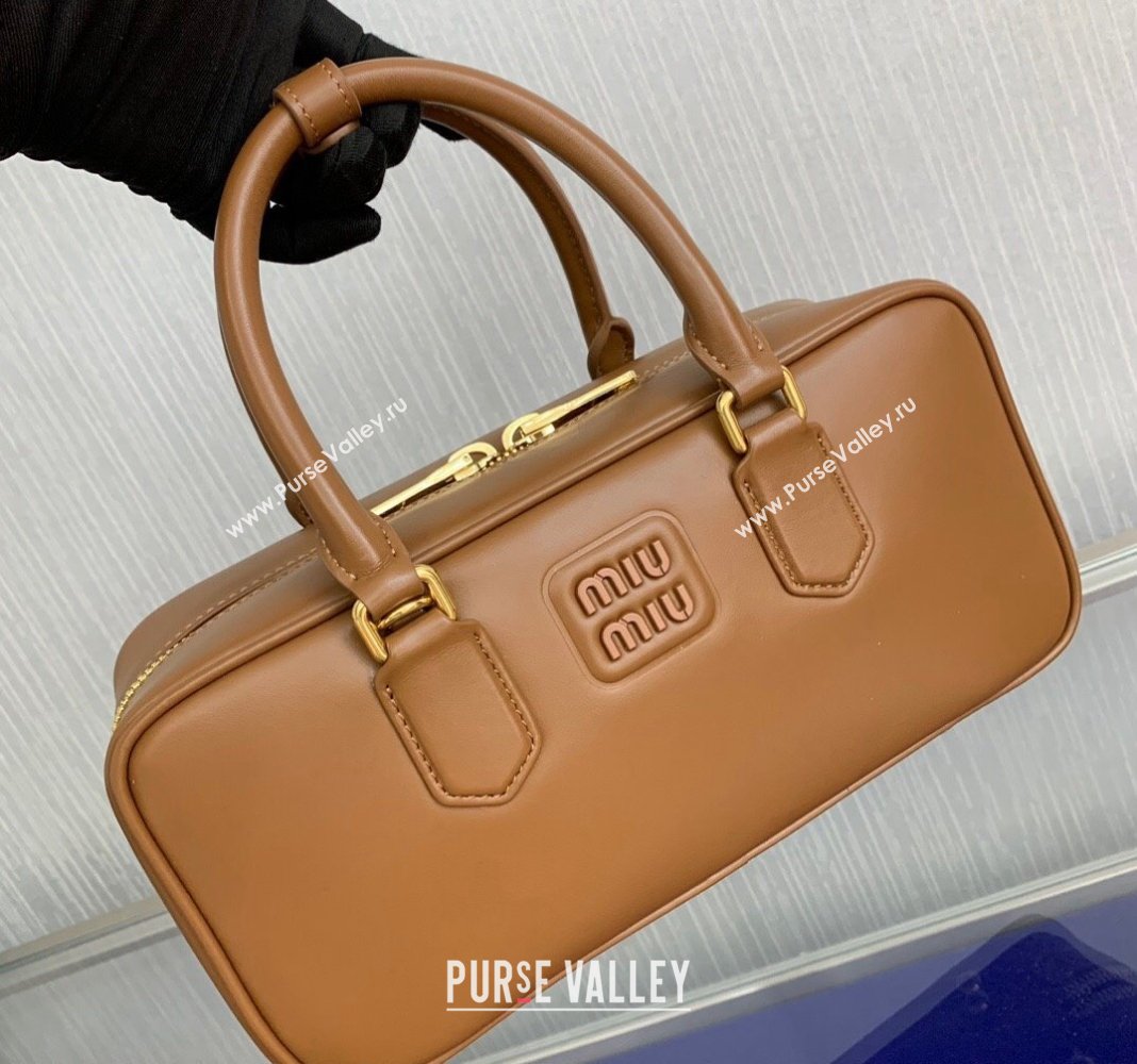 Miu Miu Arcadie Calf Leather top handle bag with Tone-To-Tone Logo Light Brown 2024 5BB148 (LN-24103018)