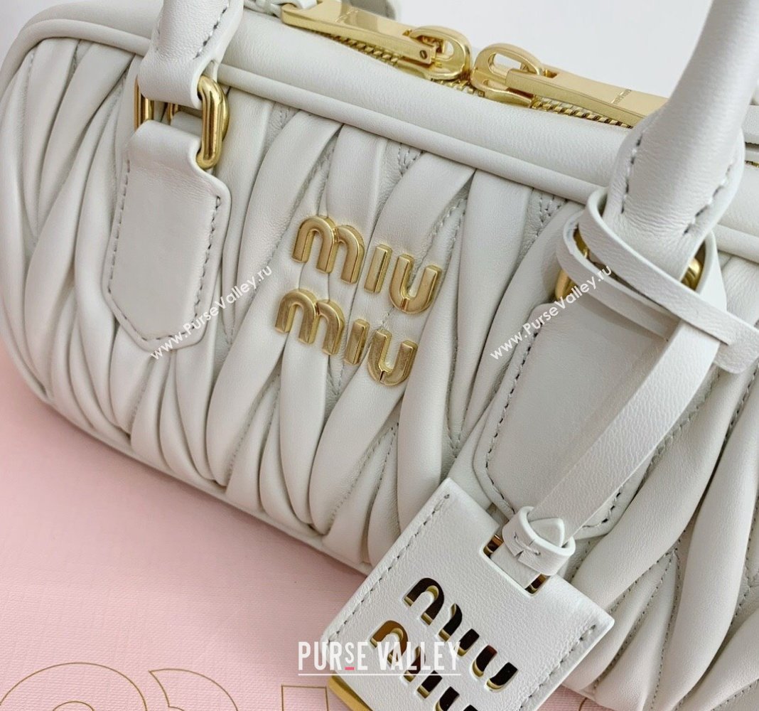 Miu Miu Arcadie Matelasse Nappa Leather top handle bag with Gold-Tone Logo White 2024 5BB142 (LN-24103037)