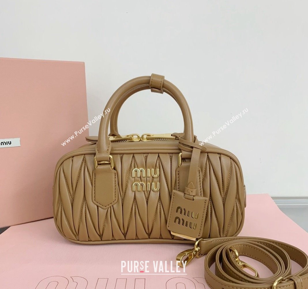 Miu Miu Arcadie Matelasse Nappa Leather top handle bag with Gold-Tone Logo Light Brown 2024 5BB142 (LN-24103039)