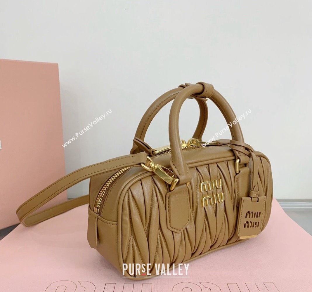 Miu Miu Arcadie Matelasse Nappa Leather top handle bag with Gold-Tone Logo Light Brown 2024 5BB142 (LN-24103039)