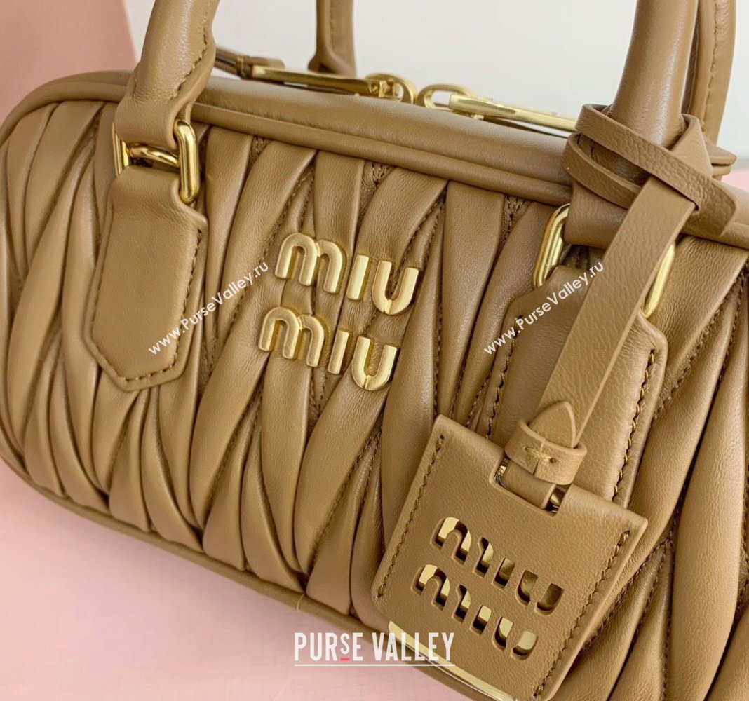 Miu Miu Arcadie Matelasse Nappa Leather top handle bag with Gold-Tone Logo Light Brown 2024 5BB142 (LN-24103039)