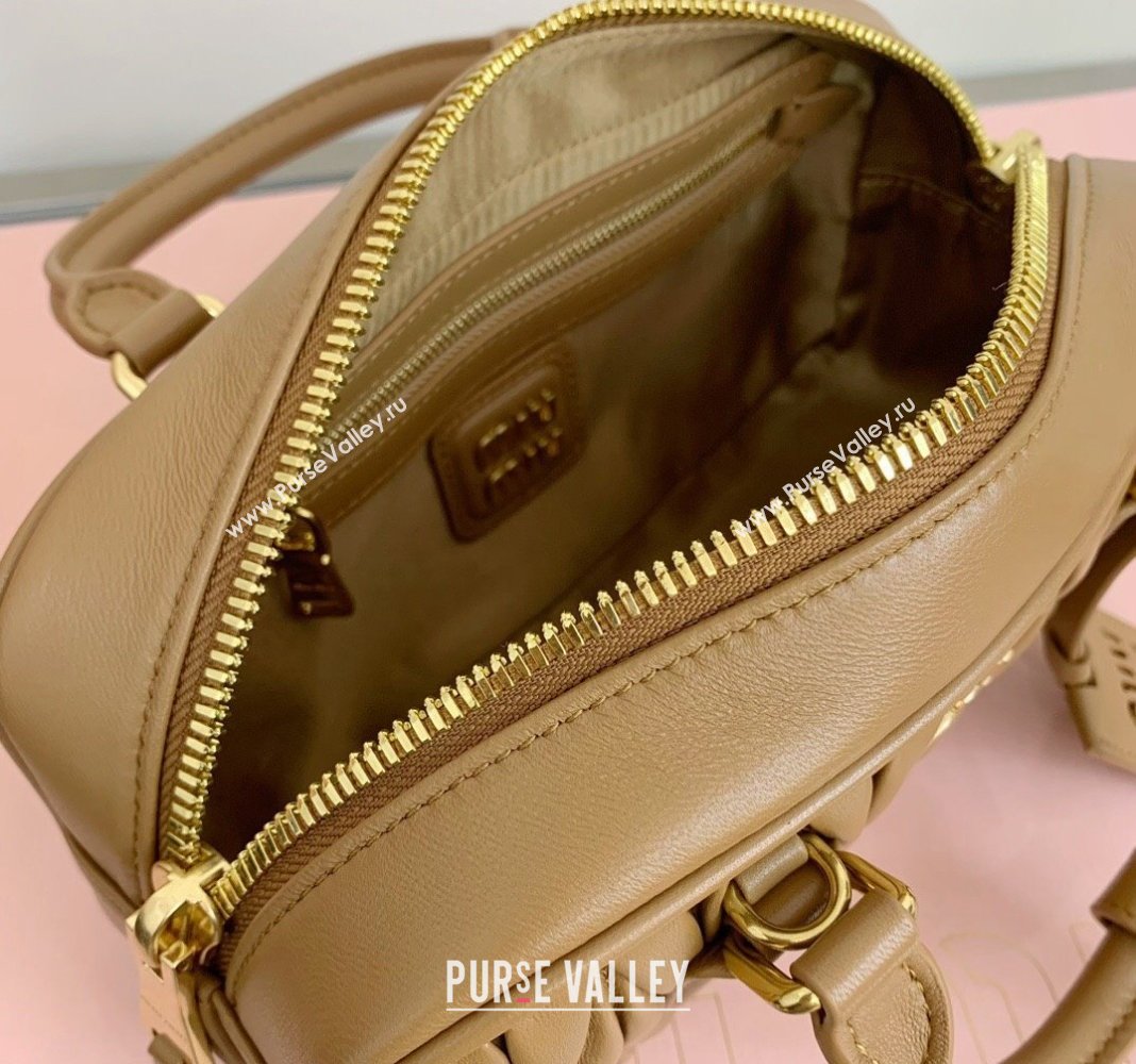 Miu Miu Arcadie Matelasse Nappa Leather top handle bag with Gold-Tone Logo Light Brown 2024 5BB142 (LN-24103039)