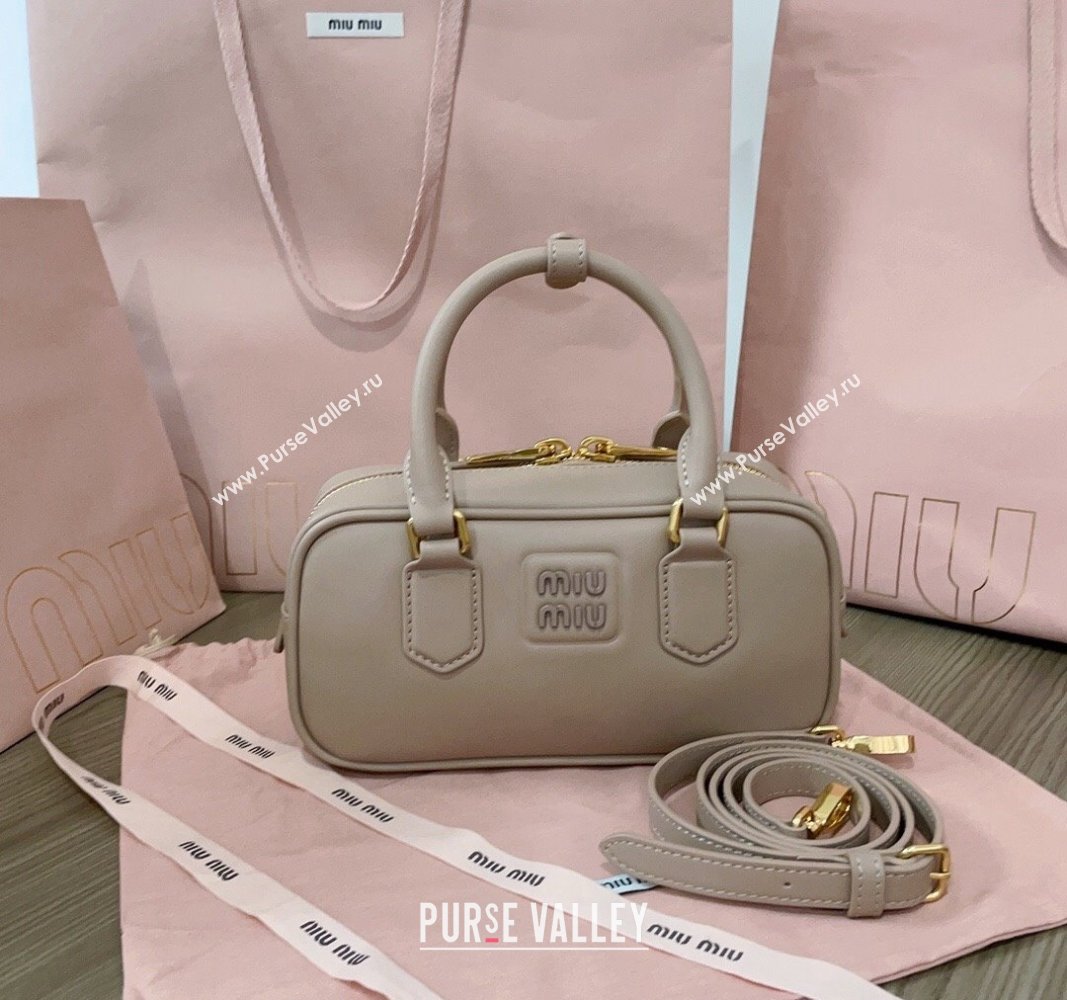 Miu Miu Arcadie Calf Leather top handle bag with Tone-to-Tone Logo Beige Grey 2024 5BB142 (JD-24103007)