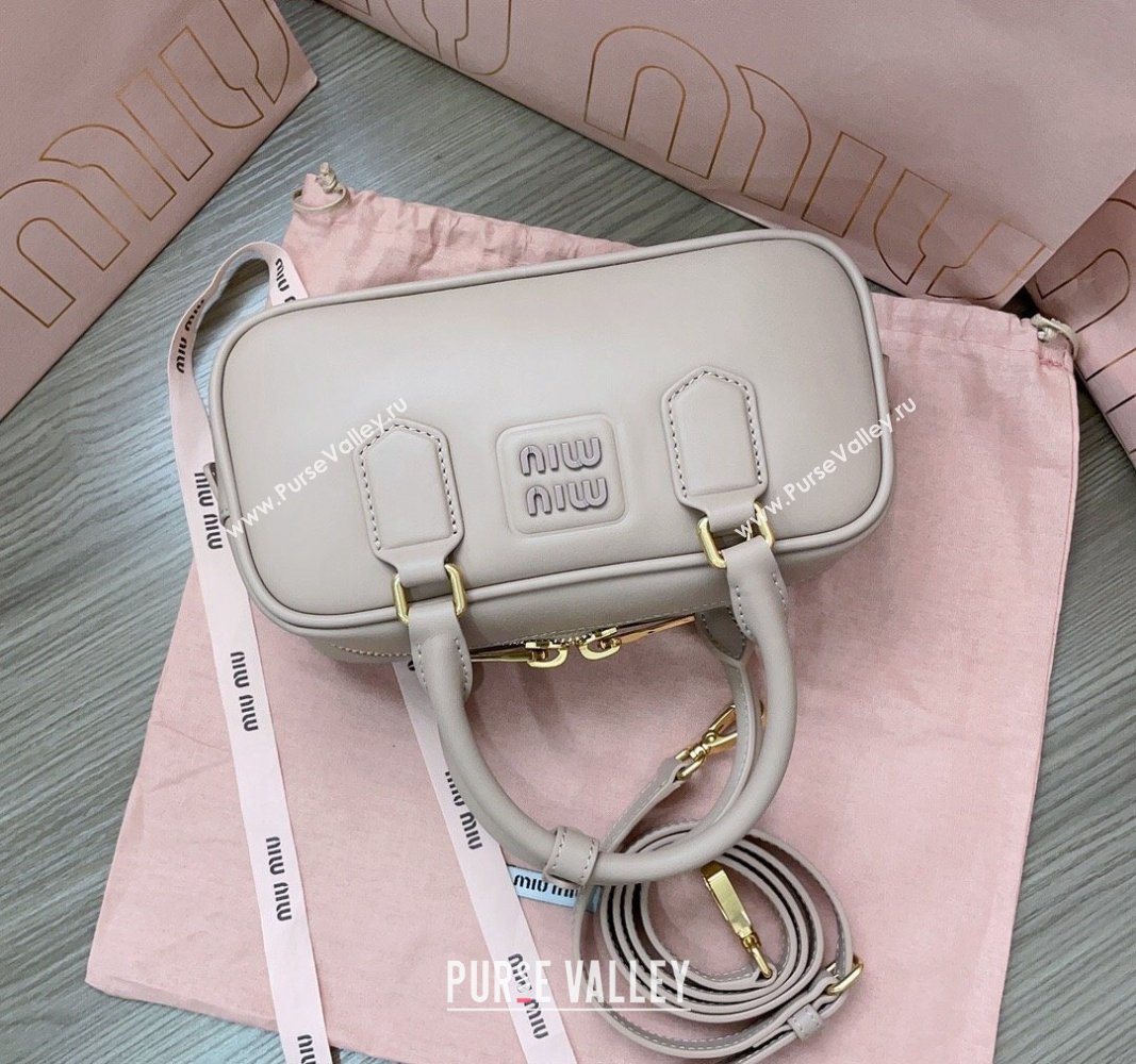 Miu Miu Arcadie Calf Leather top handle bag with Tone-to-Tone Logo Beige Grey 2024 5BB142 (JD-24103007)