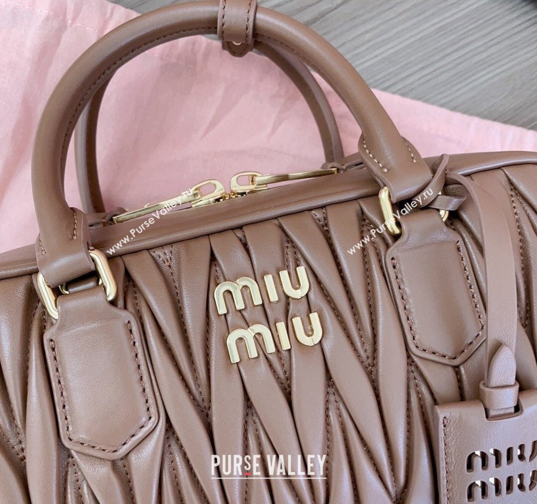 Miu Miu Arcadie Matelasse Nappa Leather top handle bag with Gold-Tone Logo Dark Brown 2024 5BB148 (JD-24103031)