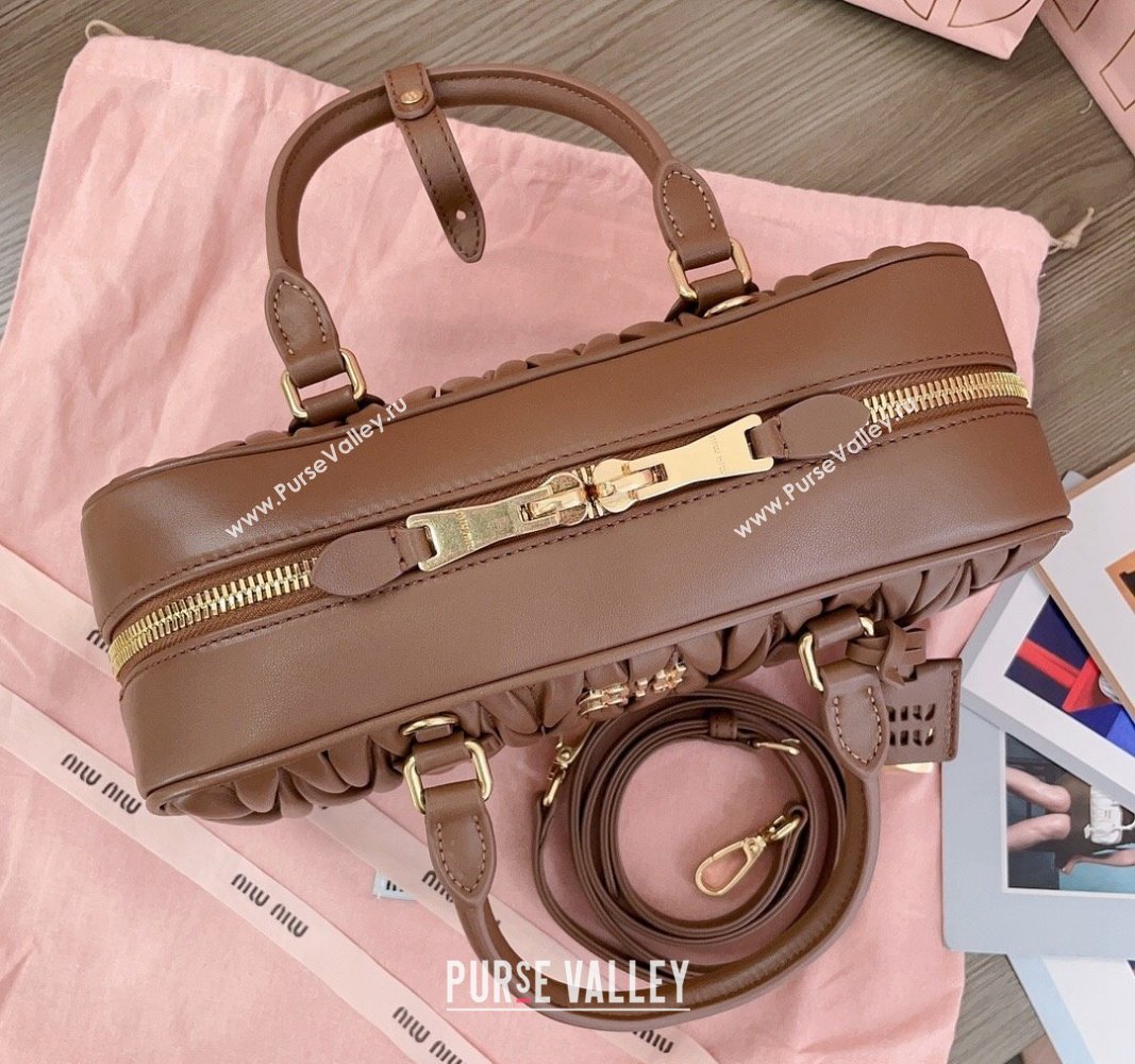 Miu Miu Arcadie Matelasse Nappa Leather top handle bag with Gold-Tone Logo Dark Brown 2024 5BB148 (JD-24103031)