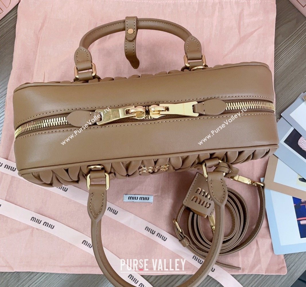 Miu Miu Arcadie Matelasse Nappa Leather top handle bag with Gold-Tone Logo Tan Brown 2024 5BB148 (JD-24103033)