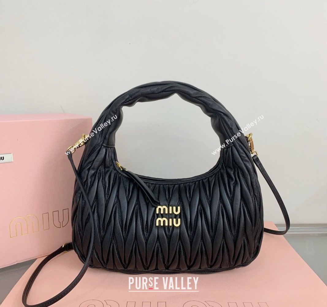 Miu Miu Wander Matelasse Nappa Leather Medium Hobo bag 5BC153 Black 2024 (LN-24103099)