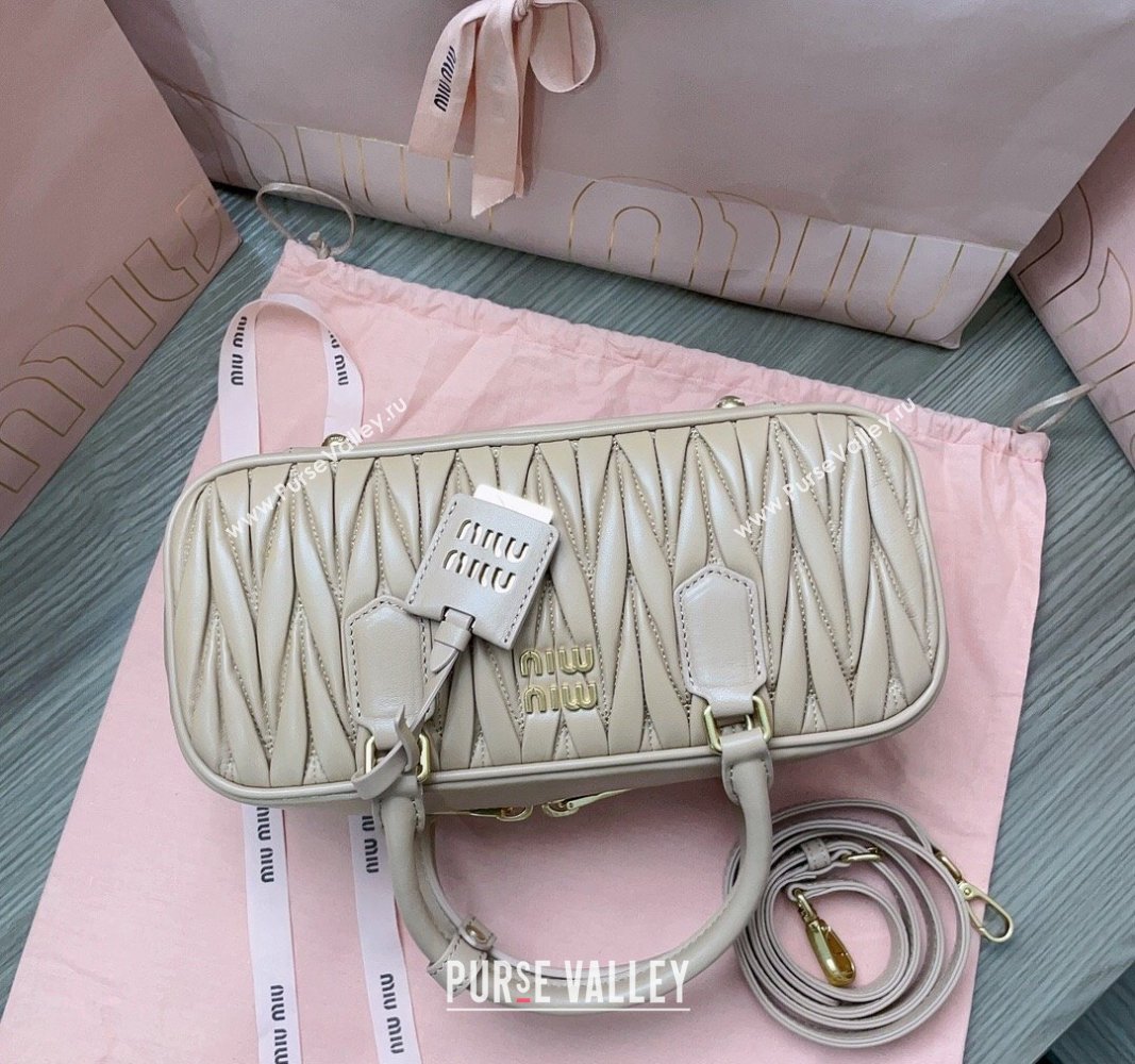 Miu Miu Arcadie Matelasse Nappa Leather top handle bag with Gold-Tone Logo Beige 2024 5BB148 (JD-24103035)