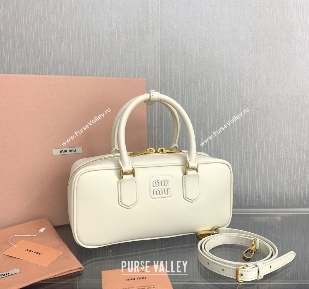 Miu Miu Arcadie Calf Leather top handle bag with Tone-To-Tone Logo Cream White 2024 5BB148 (LN-24103017)