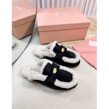 Miu Miu Suede and Shearling Wool Flat Mules with Coin Black 2024 MM111402 (KL-241114033)