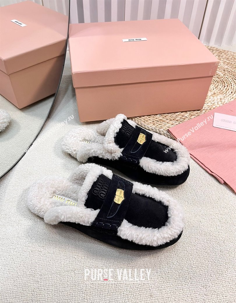 Miu Miu Suede and Shearling Wool Flat Mules with Coin Black 2024 MM111402 (KL-241114033)