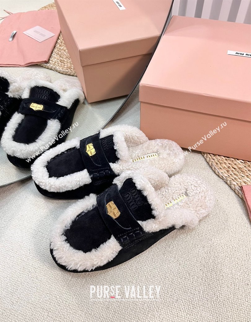 Miu Miu Suede and Shearling Wool Flat Mules with Coin Black 2024 MM111402 (KL-241114033)