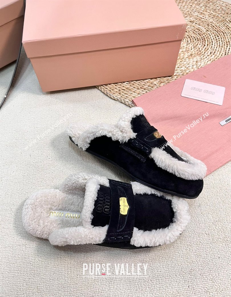 Miu Miu Suede and Shearling Wool Flat Mules with Coin Black 2024 MM111402 (KL-241114033)