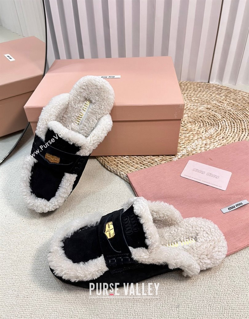 Miu Miu Suede and Shearling Wool Flat Mules with Coin Black 2024 MM111402 (KL-241114033)