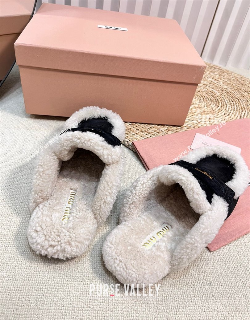 Miu Miu Suede and Shearling Wool Flat Mules with Coin Black 2024 MM111402 (KL-241114033)