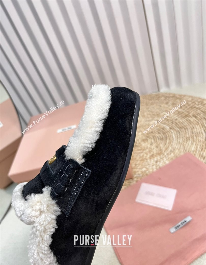 Miu Miu Suede and Shearling Wool Flat Mules with Coin Black 2024 MM111402 (KL-241114033)