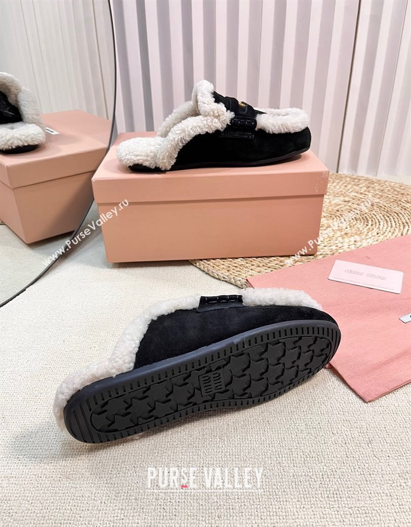 Miu Miu Suede and Shearling Wool Flat Mules with Coin Black 2024 MM111402 (KL-241114033)