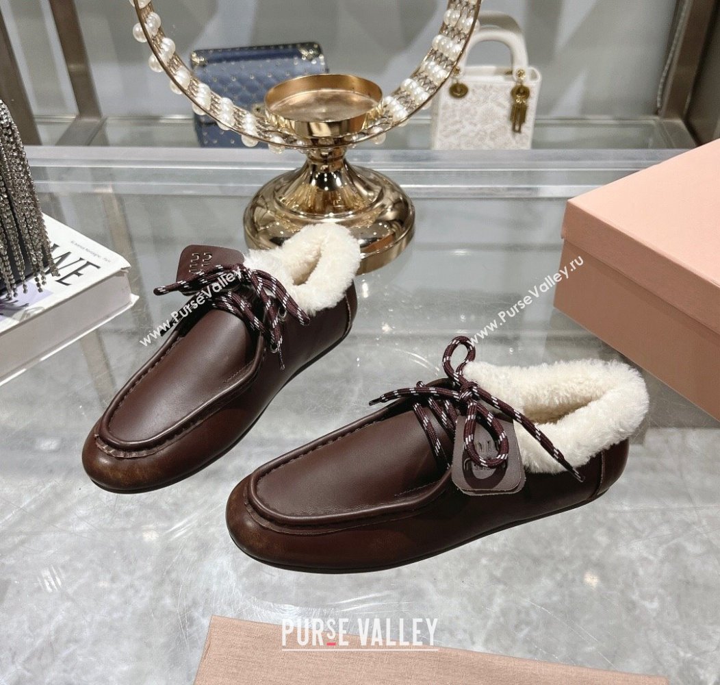 Miu Miu Leather Loafers with Lace and Wool Fur Dark Brown 2024 MM111404 (KL-241114039)