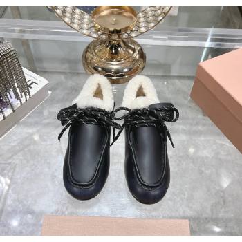 Miu Miu Leather Loafers with Lace and Wool Fur Black 2024 MM111404 (KL-241114040)