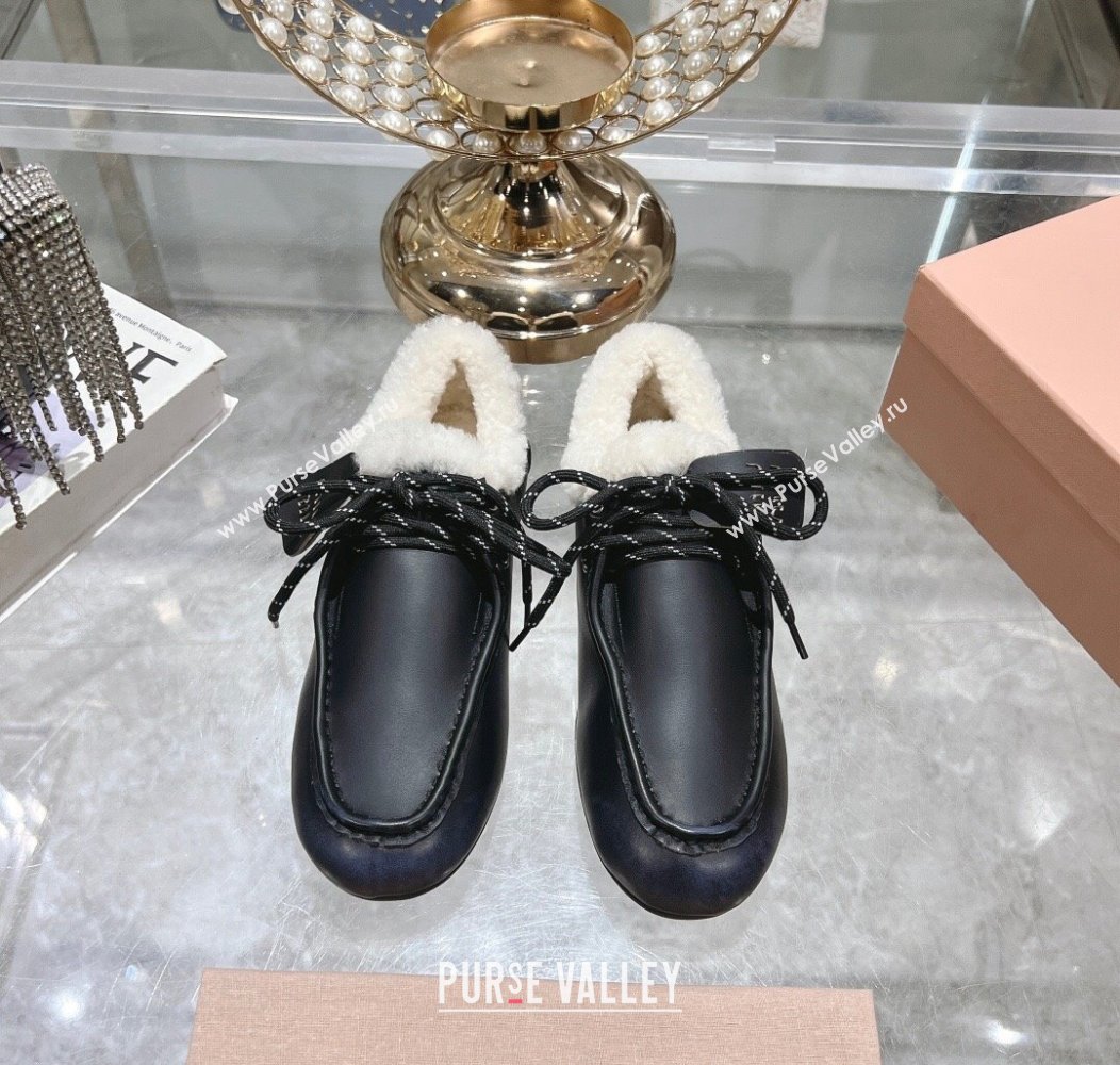 Miu Miu Leather Loafers with Lace and Wool Fur Black 2024 MM111404 (KL-241114040)