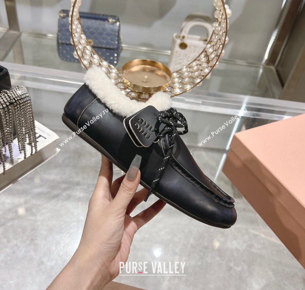 Miu Miu Leather Loafers with Lace and Wool Fur Black 2024 MM111404 (KL-241114040)