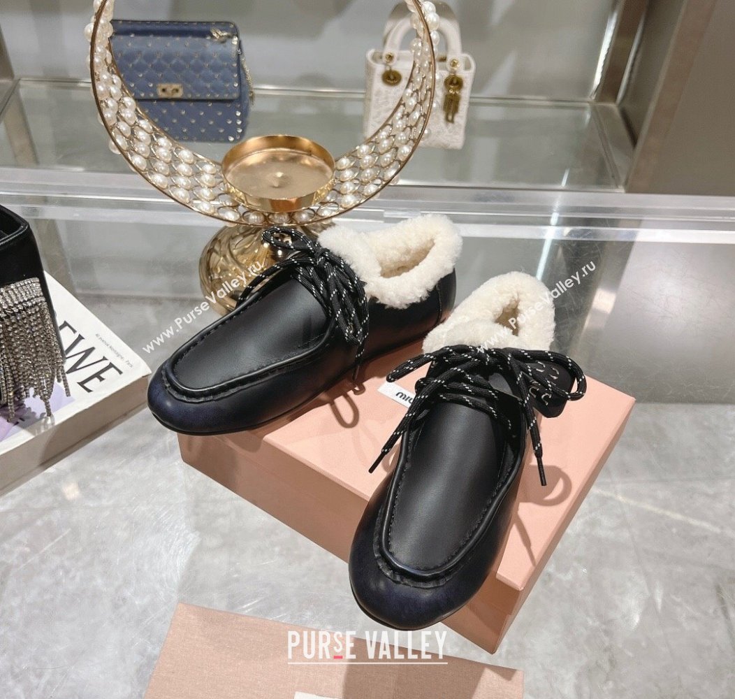 Miu Miu Leather Loafers with Lace and Wool Fur Black 2024 MM111404 (KL-241114040)