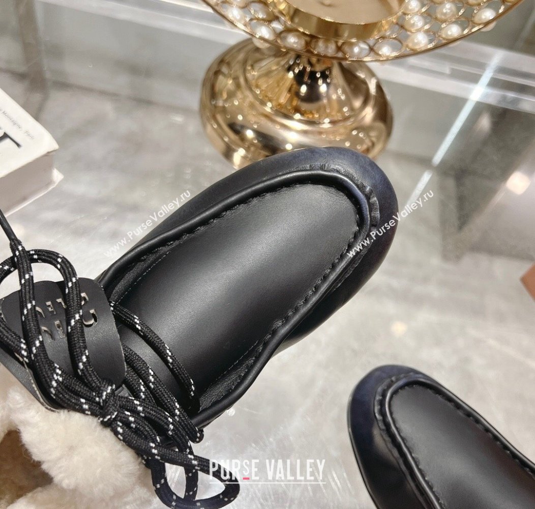 Miu Miu Leather Loafers with Lace and Wool Fur Black 2024 MM111404 (KL-241114040)