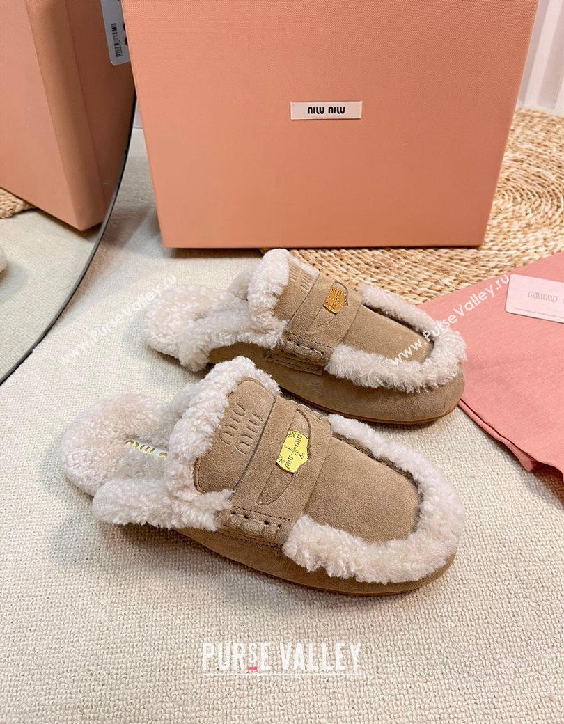 Miu Miu Suede and Shearling Wool Flat Mules with Coin Beige 2024 MM111402 (KL-241114029)