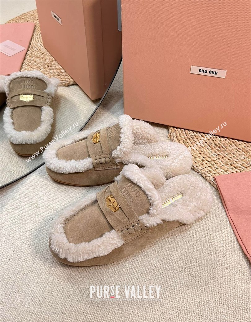 Miu Miu Suede and Shearling Wool Flat Mules with Coin Beige 2024 MM111402 (KL-241114029)