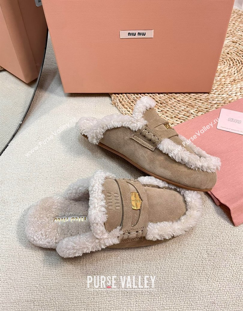 Miu Miu Suede and Shearling Wool Flat Mules with Coin Beige 2024 MM111402 (KL-241114029)