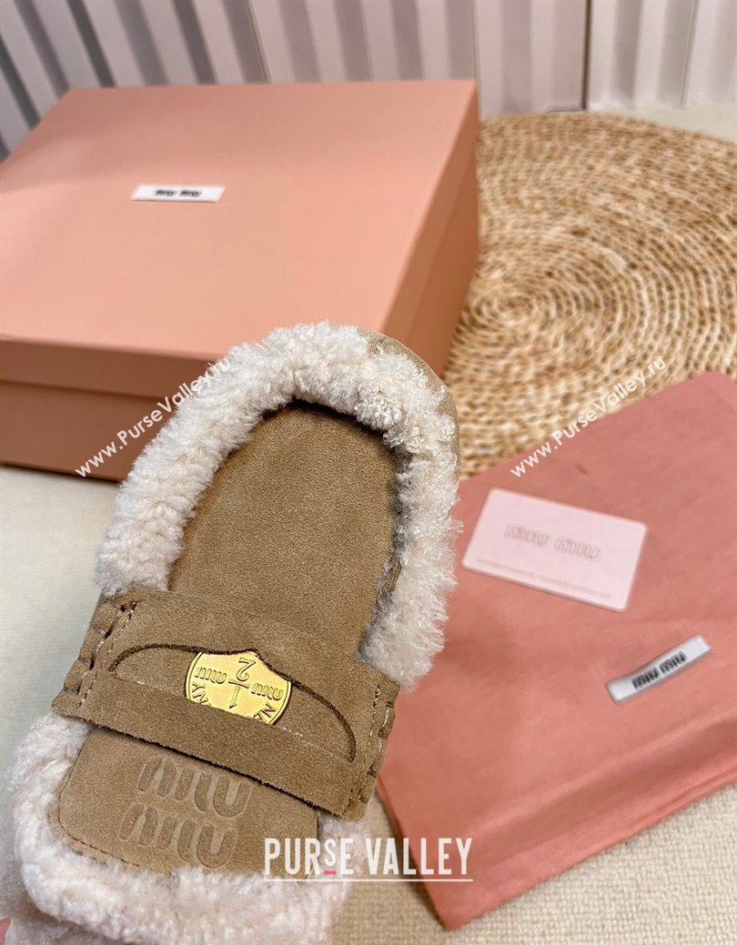 Miu Miu Suede and Shearling Wool Flat Mules with Coin Beige 2024 MM111402 (KL-241114029)