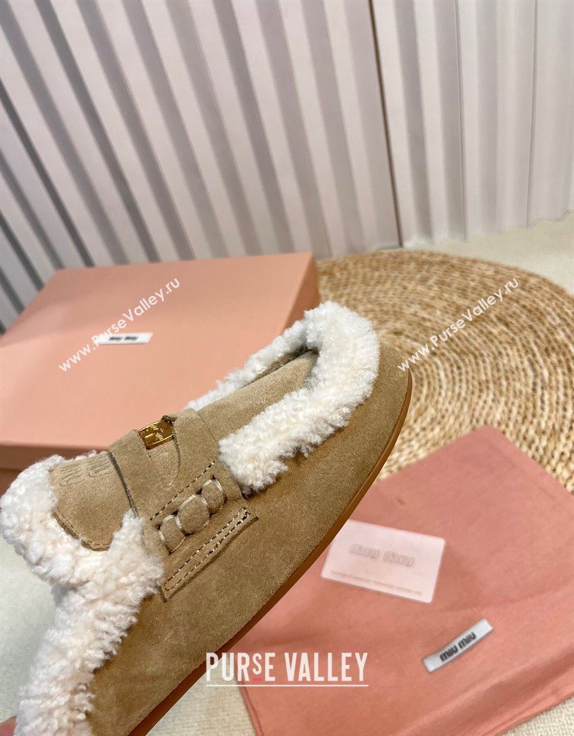 Miu Miu Suede and Shearling Wool Flat Mules with Coin Beige 2024 MM111402 (KL-241114029)