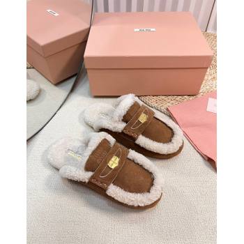 Miu Miu Suede and Shearling Wool Flat Mules with Coin Brown2 2024 MM111402 (KL-241114030)