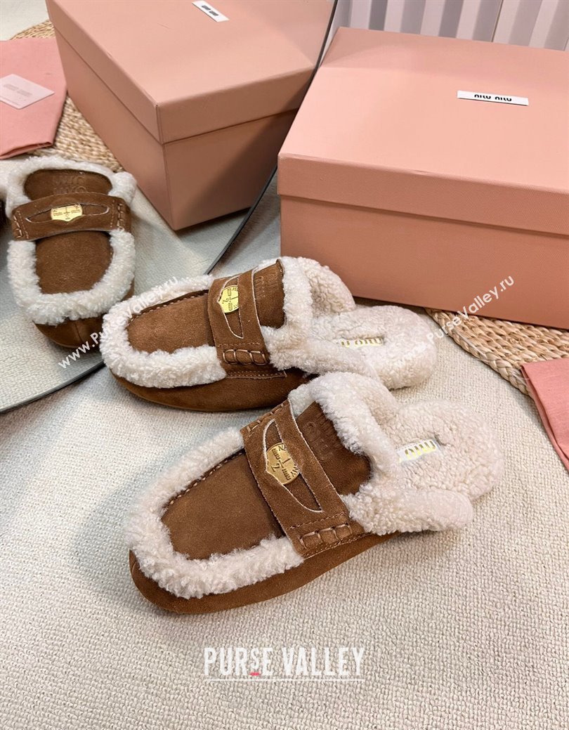 Miu Miu Suede and Shearling Wool Flat Mules with Coin Brown2 2024 MM111402 (KL-241114030)