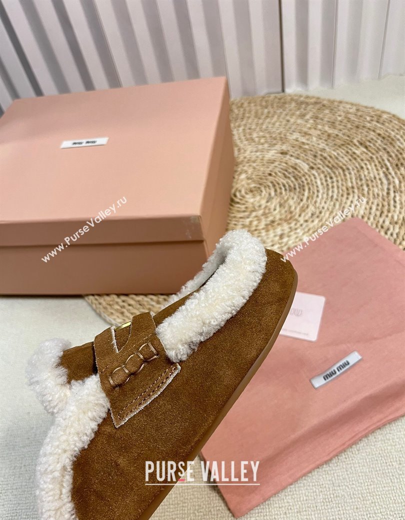 Miu Miu Suede and Shearling Wool Flat Mules with Coin Brown2 2024 MM111402 (KL-241114030)